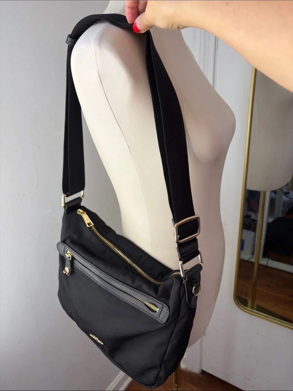 Y2K Coach Black Nylon Messenger Bag with Gold Accents and leather trim